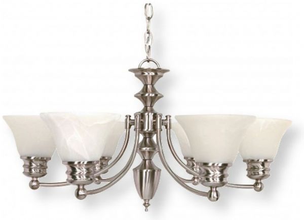 Satco NUVO 60-356 Six-Light Brushed Nickel Chandelier with Alabaster Bell Shades, Empire Collection; 120 Volts, 60 Watts; Incandescent lamp type; Type A19 Bulb; Bulb not included; UL Listed; Dry Location Safety Rating; Dimensions Height 14 Inches X Width 26 Inches; 48 Inch Chain; Weight 9.00 Pounds; UPC 045923603563 (SATCO NUVO60356 SATCO NUVO60-356 SATCONUVO 60-356 SATCONUVO60-356 SATCO NUVO 60356 SATCO NUVO 60 356)