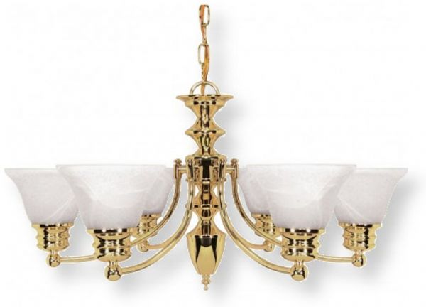 Satco NUVO 60-357 Six-Light Polished Brass Chandelier with Alabaster Bell Shades, Empire Collection; 120 Volts, 60 Watts; Incandescent lamp type; Type A19 Bulb; Bulb not included; UL Listed; Dry Location Safety Rating; Dimensions Height 14 Inches X Width 26 Inches; 48 Inch Chain; Weight 9.00 Pounds; UPC 045923603570 (SATCO NUVO60357 SATCO NUVO60-357 SATCONUVO 60-357 SATCONUVO60-357 SATCO NUVO 60357 SATCO NUVO 60 357)
