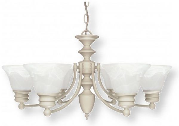 Satco NUVO 60-359 Six-Light Textured White Chandelier with Alabaster Bell Shades, Empire Collection; 120 Volts, 60 Watts; Incandescent lamp type; Type A19 Bulb; Bulb not included; UL Listed; Dry Location Safety Rating; Dimensions Height 14 Inches X Width 26 Inches; 48 Inch Chain; Weight 9.00 Pounds; UPC 045923603594 (SATCO NUVO60359 SATCO NUVO60-359 SATCONUVO 60-359 SATCONUVO60-359 SATCO NUVO 60359 SATCO NUVO 60 359)