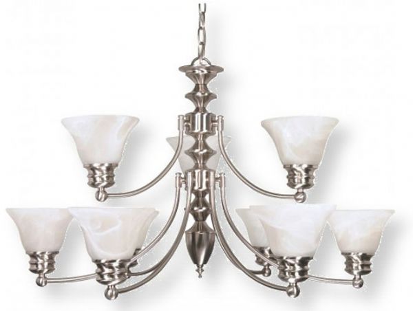 Satco NUVO 60-360 Nine-Light, Two-Tier Brushed Nickel Chandelier with Alabaster Bell Shades, Empire Collection; 120 Volts, 60 Watts; Incandescent lamp type; Type A19 Bulb; Bulb not included; UL Listed; Dry Location Safety Rating; Dimensions Height 18 Inches X Width 32 Inches; 72 Inch Chain; Weight 9.00 Pounds; UPC 045923603600 (SATCO NUVO60360 SATCO NUVO60-360 SATCONUVO 60-360 SATCONUVO60-360 SATCO NUVO 60360 SATCO NUVO 60 360)