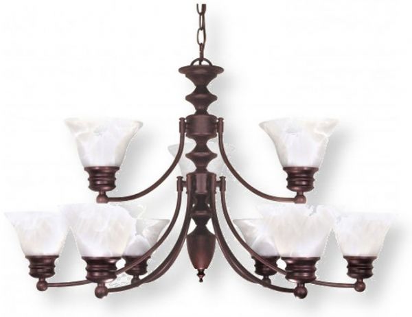 Satco NUVO 60-362 Nine-Light Two-Tier Old Bronze Chandelier with Alabaster Bell Shades, Empire Collection; 120 Volts, 60 Watts; Incandescent lamp type; Type A19 Bulb; Bulb not included; UL Listed; Dry Location Safety Rating; Dimensions Height 18 Inches X Width 32 Inches; 72 Inch Chain; Weight 10.00 Pounds; UPC 045923603624 (SATCO NUVO60362 SATCO NUVO60-362 SATCONUVO 60-362 SATCONUVO60-362 SATCO NUVO 60362 SATCO NUVO 60 362)