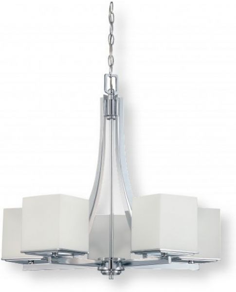 Satco NUVO 60-4086 Five-Light Chandelier in Polished Chrome Finish with White Satin Glass Shades, Bento Collection; 120 Volts, 60 Watts; Incandescent lamp type; Type A19 Bulb; Bulbs not included; UL Listed; Dry Location Safety Rating; Dimensions Height 24.75 Inches X Width 25.75 Inches; Chain 48 Inches; Weight 9.00 Pounds; UPC 045923640865 (SATCO NUVO604086 SATCO NUVO60-4086 SATCONUVO 60-4086 SATCONUVO60-4086 SATCO NUVO 604086 SATCO NUVO 60 4086)