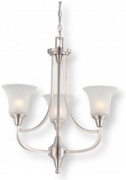 Satco NUVO 60-4145 Three-Light Chandelier in Brushed Nickel and Frosted Glass Shades, Surrey Collection; 120 Volts, 60 Watts; Incandescent lamp type; Type A19 Bulb; Bulbs not included; UL Listed; Dry Location Safety Rating; Dimensions Height 24 Inches X Width 21.75 Inches; Chain 48 Inches; Weight 6.00 Pounds; UPC 045923641459 (SATCO NUVO604145 SATCO NUVO60-4145 SATCONUVO 60-4145 SATCONUVO60-4145 SATCO NUVO 604145 SATCO NUVO 60 4145)