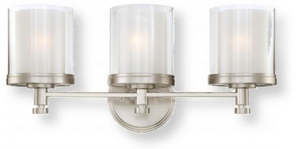 Satco NUVO 60-4643 Three-Light Vanity Light Fixture in Brushed Nickel Finish with Clear Outer and Frosted Inner Glass Shades, Decker Collection; 120 Volts, 100 Watts; Incandescent lamp type; Type A19 Bulb; Bulb not included; UL Listed; Damp Location Safety Rating; Dimensions Height 10.25 Inches X Width 21.75 Inches X Depth 6.75 Inches; Weight 6.00 Pounds; UPC 045923646430 (SATCO NUVO604643 SATCO NUVO60-4643 SATCONUVO 60-4643 SATCONUVO60-4643 SATCO NUVO 604643 SATCO NUVO 60 4643)