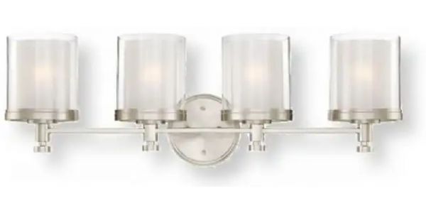 Satco NUVO 60-4644 Three-Light Vanity Light Fixture in Brushed Nickel Finish with Clear Outer and Frosted Inner Glass Shades, Decker Collection; 120 Volts, 100 Watts; Incandescent lamp type; Type A19 Bulb; Bulb not included; UL Listed; Damp Location Safety Rating; Dimensions Height 10.25 Inches X Width 29.75 Inches X Depth 6.75 Inches; Weight 6.00 Pounds; UPC 045923646447 (SATCO NUVO604644 SATCO NUVO60-4644 SATCONUVO 60-4644 SATCONUVO60-4644 SATCO NUVO 604644 SATCO NUVO 60 4644)