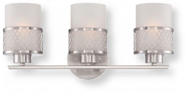 Satco NUVO 60-4683 Three-Light Vanity Wall Light Fixture in Brushed Nickel Finish with Frosted Glass Shade, Fusion Collection; 120 Volts, 100 Watts; Incandescent lamp type; Type A19 Bulb; Bulb not included; UL Listed; Damp Location Safety Rating; Dimensions Height 8.25 Inches X Width 19 Inches X Depth 7.5 Inches; Weight 4.00 Pounds; UPC 045923646836 (SATCO NUVO604683 SATCO NUVO60-4683 SATCONUVO 60-4683 SATCONUVO60-4683 SATCO NUVO 604683 SATCO NUVO 60 4683)