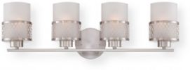 Satco NUVO 60-4684 Four-Light Vanity Wall Light Fixture in Brushed Nickel Finish with Frosted Glass Shade, Fusion Collection; 120 Volts, 100 Watts; Incandescent lamp type; Type A19 Bulb; Bulb not included; UL Listed; Damp Location Safety Rating; Dimensions Height 8.25 Inches X Width 27 Inches X Depth 7.5 Inches; Weight 4.00 Pounds; UPC 045923646843 (SATCO NUVO604684 SATCO NUVO60-4684 SATCONUVO 60-4684 SATCONUVO60-4684 SATCO NUVO 604684 SATCO NUVO 60 4684) 