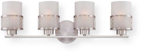 Satco NUVO 60-4684 Four-Light Vanity Wall Light Fixture in Brushed Nickel Finish with Frosted Glass Shade, Fusion Collection; 120 Volts, 100 Watts; Incandescent lamp type; Type A19 Bulb; Bulb not included; UL Listed; Damp Location Safety Rating; Dimensions Height 8.25 Inches X Width 27 Inches X Depth 7.5 Inches; Weight 4.00 Pounds; UPC 045923646843 (SATCO NUVO604684 SATCO NUVO60-4684 SATCONUVO 60-4684 SATCONUVO60-4684 SATCO NUVO 604684 SATCO NUVO 60 4684)