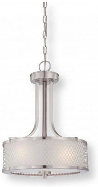 Satco NUVO 60-4686 Three-Light Pendant Hanging Light Fixture in Brushed Nickel Finish with Frosted Glass Shade, Fusion Collection; 120 Volts, 60 Watts; Incandescent lamp type; Type A19 Bulb; Bulb not included; UL Listed; Dry Location Safety Rating; Dimensions Height 19.25 Inches X Width 13.75 Inches; Chain 48 Inches; Weight 6.00 Pounds; UPC 045923646867 (SATCO NUVO604686 SATCO NUVO60-4686 SATCONUVO 60-4686 SATCONUVO60-4686 SATCO NUVO 604686 SATCO NUVO 60 4686)