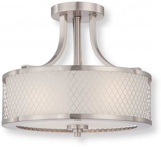 Satco NUVO 60-4692 Three-Light Semi Flush Light Fixture in Brushed Nickel Finish with Frosted Glass Shade, Fusion Collection; 120 Volts, 60 Watts; Incandescent lamp type; Type A19 Bulb; Bulb not included; UL Listed; Dry Location Safety Rating; Dimensions Height 12 Inches X Width 13.75 Inches; Weight 6.00 Pounds; UPC 045923646928 (SATCO NUVO604692 SATCO NUVO60-4692 SATCONUVO 60-4692 SATCONUVO60-4692 SATCO NUVO 604692 SATCO NUVO 60 4692)
