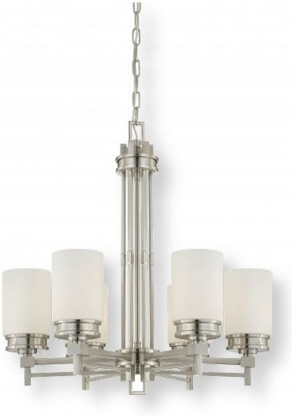 Satco NUVO 60-4705 Six-Light Brushed Nickel Chandelier with White Satin Glass Shades, Wright Collection; 120 Volts, 60 Watts; Incandescent lamp type; Type A19 Bulb; Bulb not included; UL Listed; Dry Location Safety Rating; Dimensions Height 28 Inches X Width 26 Inches; Chain 48 Inches; Weight 9.00 Pounds; UPC 045923647055 (SATCO NUVO604705 SATCO NUVO60-4705 SATCONUVO 60-4705 SATCONUVO60-4705 SATCO NUVO 604705 SATCO NUVO 60 4705)