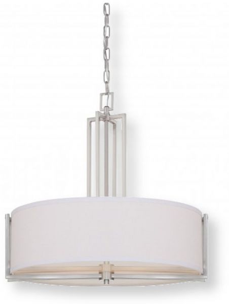 Satco NUVO 60-4756 Four-Light Drum Pendant Lighting Fixture in Brushed Nickel with Slate Gray Fabric Shades and Frosted Diffuser, Gemini Collection; 120 Volts, 60 Watts; Incandescent lamp type; Type A19 Bulb; Bulb not included; UL Listed; Dry Location Safety Rating; Dimensions Height 22.875 Inches X Width 23.5 Inches; Chain 48 Inches; Weight 6.00 Pounds; UPC 045923647567 (SATCO NUVO604756 SATCO NUVO60-4756 SATCONUVO 60-4756 SATCONUVO60-4756 SATCO NUVO 604756 SATCO NUVO 60 4756)