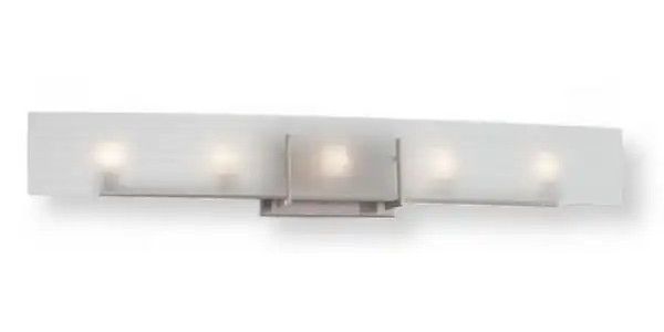 Satco NUVO 60-5188 Five-Light Vanity Light Fixture in Brushed Nickel with Frosted Glass Shade, Yogi Collection; 120 Volts, 40 Watts; Halogen lamp type; Type G9 Bulb; Bulb included; UL Listed; Damp Location Safety Rating; Dimensions Height 5.625 Inches X Width 36 Inches X Depth 5.25 Inches; Weight 4.00 Pounds; UPC 045923651885 (SATCO NUVO605188 SATCO NUVO60-5188 SATCONUVO 60-5188 SATCONUVO60-5188 SATCO NUVO 605188 SATCO NUVO 60 5188)
