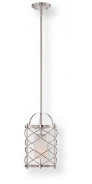 Satco NUVO 60-5332 One-Light Mini Pendant Light Fixture in Brushed Nickel with Etched Opal Glass Shades, Ginger Collection; 120 Volts, 100 Watts; Incandescent lamp type; Type A19 Bulb; Bulb not included; UL Listed; Dry Location Safety Rating; Dimensions Height 51.75 Inches X Width 8 Inches; Weight 6.00 Pounds; UPC 045923653322 (SATCO NUVO605332 SATCO NUVO60-5332 SATCONUVO 60-5332 SATCONUVO60-5332 SATCO NUVO 605332 SATCO NUVO 60 5332)