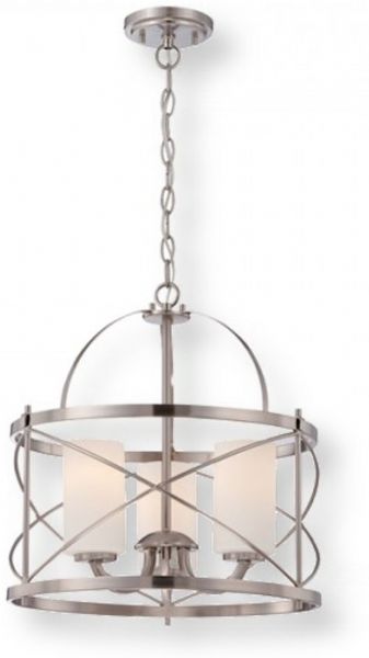 Satco NUVO 60-5333 Three-Light Pendant Light Fixture in Brushed Nickel with Etched Opal Glass Shades, Ginger Collection; 120 Volts, 100 Watts; Incandescent lamp type; Type A19 Bulb; Bulb not included; UL Listed; Dry Location Safety Rating; Dimensions Height 17 Inches X Width 16 Inches; Chain 48 Inches; Weight 7.00 Pounds; UPC 045923653339 (SATCO NUVO605333 SATCO NUVO60-5333 SATCONUVO 60-5333 SATCONUVO60-5333 SATCO NUVO 605333 SATCO NUVO 60 5333)