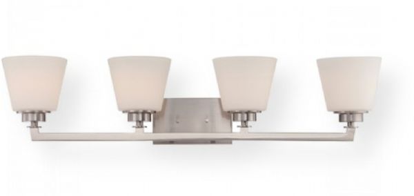 Satco NUVO 60-5454 Four-Light Vanity Light Fixture in Brushed Nickel with Satin White Glass Shades, Mobili Collection; 120 Volts, 100 Watts; Incandescent lamp type; Type A19 Bulb; Bulb not included; UL Listed; Damp Location Safety Rating; Dimensions Height 7.875 Inches adjustable X Width 34.625 Inches X Depth 6.875 Inches; Weight 4.00 Pounds; UPC 045923654541 (SATCO NUVO605454 SATCO NUVO60-5454 SATCONUVO 60-5454 SATCONUVO60-5454 SATCO NUVO 605454 SATCO NUVO 60 5454)