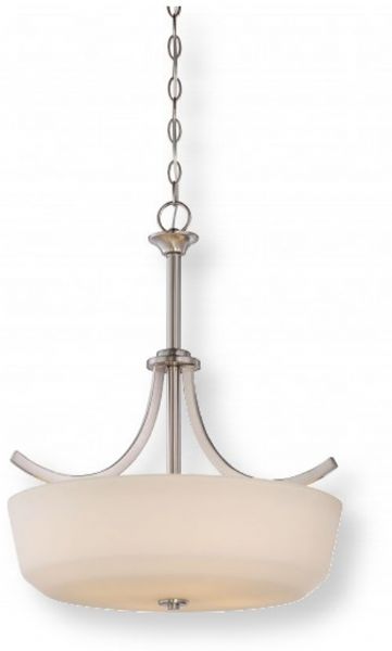Satco NUVO 60-5827 Four-Light, Pendant in Brushed Nickel with White Glass Shade, Laguna Collection; 120 Volts, 60 Watts; Incandescent lamp type; A19 Bulb; Bulb not included; UL Listed; Dry Location Safety Rating; Dimensions Height 22.375 Inches X Width 19.5 Inches; 48 Inch Chain; Weight 7.00 Pounds; UPC 045923658273 (SATCO NUVO605827 SATCO NUVO60-5827 SATCONUVO 60-5827 SATCONUVO60-5827 SATCO NUVO 605827 SATCO NUVO 60 5827)