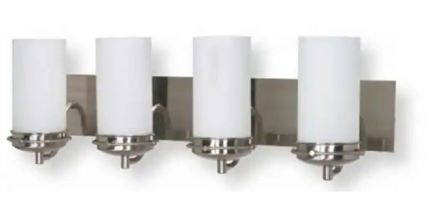Satco NUVO 60-614 Four-Light Vanity Fixture in Brushed Nickel with White Opal Glass Shades, Polaris Collection; 120 Volts, 100 Watts; Incandescent lamp type; Type A19 Bulb; Bulb not included; UL Listed; Damp Location Safety Rating; Dimensions Height 8.25 Inches X Width 29.75 Inches X Depth 8 Inches; Weight 4.00 Pounds; UPC 045923606144 (SATCO NUVO60614 SATCO NUVO60-614 SATCONUVO 60-614 SATCONUVO60-614 SATCO NUVO 60614 SATCO NUVO 60 614)	
