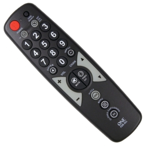 RCA OARH02B One For All 2 Device Universal Remote Control; Supports over 210 brands of TV's; Button, easy-to-use keys; Volume +/- and Channel +/- glow keys; Braille for Power, Channel +/- and Volume +/-; Digital sub-channel capability (like 59.1); Menu function, Sleep key, Input key, and Previous Channel Key; Closed captioning; Requires 2 AAA batteries (sold separately); Limited lifetime warranty; UPC 044476077401 (OARH02B OAR-H02B)