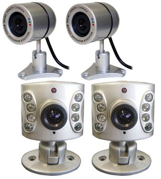 Clover OC9604 Four Pack (4 pcs) = (2) Outdoor + (2) Indoor 25ft Range Night Vision Color Camera; Built-In 8 / 10 EA Super LEDs, A/C Power Adaptors, 100ft Cables (Each) & Mounting Brackets with CDS Sensor (Automatically Shuts off LED'S During Daylight Hours), Metal Case, UPC 617517096046 (OC 9604, OC-9604)