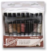 Chartpak OF9 Furniture Touch-Up Marker Set; Cover scratches, dings, and chips on wood or wood laminate permanently with these markers; Create fine, medium, or broad strokes with the unique tri-nib; Clear acetate sheet included for mixing marker colors for a true match; Contents subject to change; Dimensions 8" x 8" x 0.80"; Weight 0.59 lbs; UPC 014173248541 (CHARTPAKOF9 CHARTPAK OF9) 