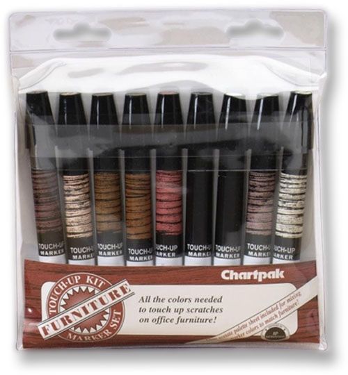 Chartpak OF9 Furniture Touch-Up Marker Set; Cover scratches, dings, and chips on wood or wood laminate permanently with these markers; Create fine, medium, or broad strokes with the unique tri-nib; Clear acetate sheet included for mixing marker colors for a true match; Contents subject to change; Dimensions 8
