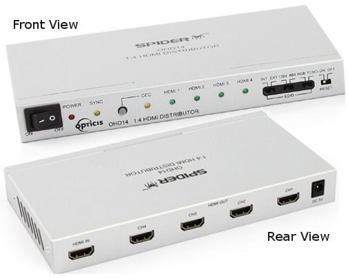 Opticis OHD14 HDMI 1X4 Distributor, Offers one HDMI video source split into four displays, Supports many types of option for EDID, Supports CEC function, Supports DDC/HDCP, Supports graphic computer resolution up to WUXGA 1920x1200 at 60Hz and HD 1080p, Compatible with HDMI-DVI cable, Input power +5V at 2.6A; Package Contains 1x OHD14, 1x +5V 2.6A adaptor, and 1 User manual; Dimensions 7.87