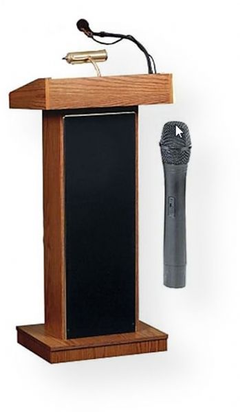 Oklahoma Sound 800x-LWM5-MO The Orator Standard Height Sound System Lectern with LWM-5 Wireless Handheld Microphone, Medium Oak, 40 Watt Built-In Full Amplifier with Technologically Advanced, Perfect for speaking to audiences of up to 2000 people, Four 6 Full Range Speakers, Two Mics and One Aux Iputs (800XLWM5MO 800XLWM5-MO 800X-LWM5MO 800X-LWM5 800X LWM5)