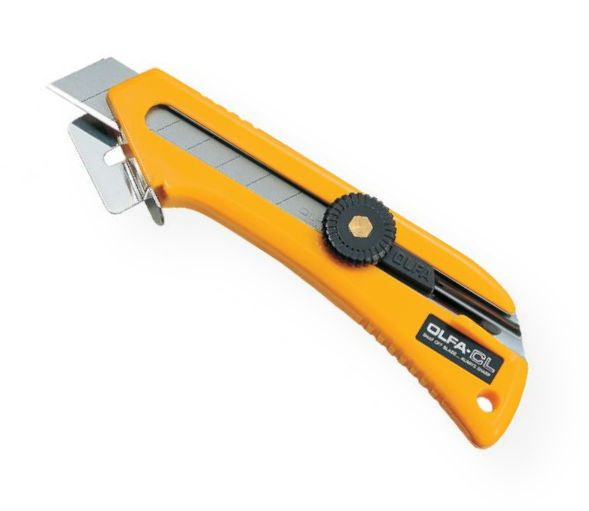 Olfa OL-CL Ratchet Lock Package Cutter; Versatile cutter designed to cut sign materials, cartons, cardboard, etc; Features heavy-duty stainless steel blade channel that holds blade tight, adjustable cutting depth guide, built-in staple remover, and forever guaranteed handle; Blade adjusts from paper thin to .75