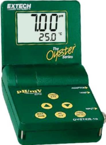 Extech OYSTER-10 Oyster Series pH/mV/Temperature Meter; Large LCD built into adjustable flip-up cover displays pH or mV and Temperature simultaneously; Splash proof housing and front panel tactile touch pad to slope and calibrate; Rugged design for handheld or benchtop use, neckstrap for hands-free operation; UPC 793950050118 (OYSTER10 OYSTER 10)Extech OYSTER-10 Oyster Series pH/mV/Temperature Meter; Large LCD built into adjustable flip-up cover displays pH or mV and Temperature simultaneo