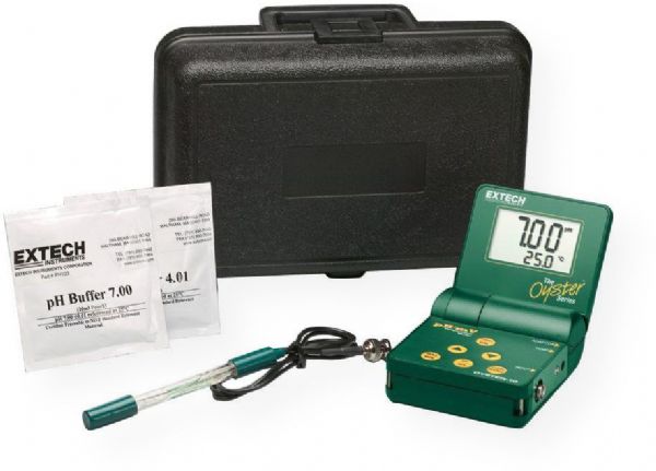 Extech OYSTER-15 Oyster Series pH/mV/Temp Meter Kit;; Includes Oyster-10, mini pH electrode, sample buffers (4 and 7pH) and carrying case; Large LCD built into adjustable 
