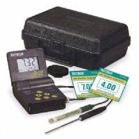 Extech OYSTER-16 Oyster Meter Kit with RTD Temperature Probe; Large LCD built into adjustable "flip-up" cover displays pH or mV and Temperature simultaneously; Microprocessor based with splash proof housing and front panel tactile touch pad to slope and calibrate; Neckstrap for "hands-free" operation; Rugged design for handheld or bench top use; UPC: 793950050163 (EXTECHOYSTER16 EXTECH OYSTER-16 METER KIT) 