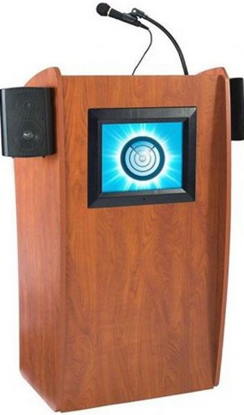 Oklahoma Sound 612S Vision Lectern  with sound, Screen has the ability to display images uploaded with an SD-card or flash drive, Perfect lectern solution for customizing logos, 15