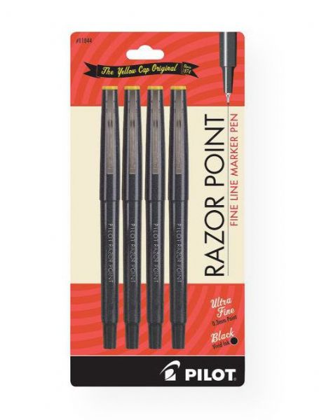 Pilot P11044 Razor Point Fine Line Marker Pen Set; Extra-fine fiber tips are reinforced for reliably precise lines; Protective metal sleeves house the tips for durability; Steady liquid ink flow for smooth writing; Sure-click caps help prevent the ink from drying out; Ultra fine .3mm point; Black; 4-pack; Shipping Weight 0.08 lb; Shipping Dimensions 0.5 x 3.56 x 7.25 in; UPC 072838110442 (PILOTP11044 PILOT-P11044 PILOT/P11044 ARTWORK)