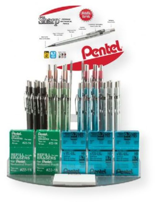 Pentel P207M-96 0.7mm Display; Contents 36 Sharp 0.7mm pencils assorted metallic barrel colors; 8 eraser refill tubes and 12 eraser refills per tube; 36  lead refill tubes with 12 leads per tube; Open Stock Display; Superior construction; Refillable; Finger grip and metal clip; Medium Point, 0.7 mm; UPC 72512262092 (P207M-96 P207M96 P-207M96 PENTELP207M96 PENTEL-P207M96 PENTEL-P207M-96)