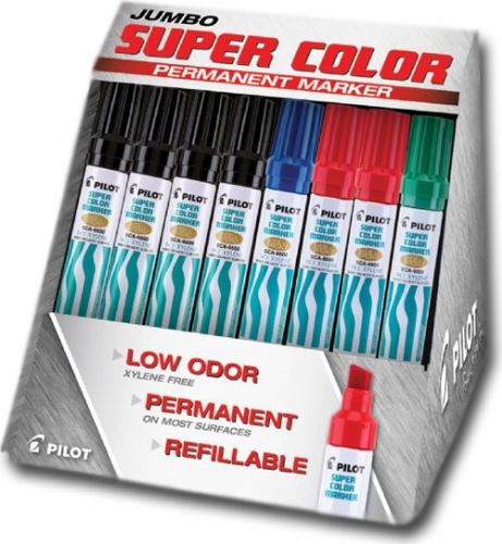 Pilot P2402D Super Color, Permanent Marker Display Assortment (Xylene-Free); Refillable; Low odor and xylene-free; Durable tip holds up to tough marking jobs; Dark vibrant colors mark permanently on paper wood plastic metal glass, virtually any surface; Dimensions 9.90