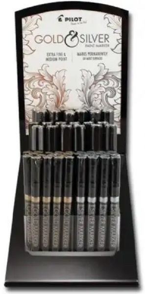 Pilot P5839D Gold And Silver Paint Marker Display; 12 each of Pilot Metallic Paint Markers, Gold Extra Fine, Gold Medium, Silver Extra Fine, And Silver Medium; Dimensions 11.50