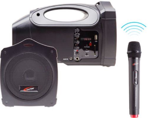 Califone PA219 Wireless Megaphone, 14 RMS Watts (20 peak) Power, Frequency Response 100Hz - 10KHz, Effective Distance 750 feet, Rugged ABS plastic exterior with comfy handle, Digital read out, SD card slot and USB port, Wireless microphone with 30 transmission range, MP3 controls, Volume controls, Beefy 5