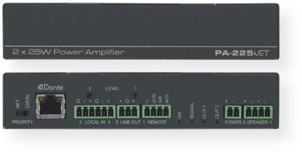 Kramer KRA-PA225NET Networked Power Amplifier, 25 Watts per Channel; Dante network source, 2 balanced line level stereo audio input; Unbalanced line level stereo audio, speakers outputs; 2 x 35W at 4 ohm, 2 x 25W at 8 ohm output power; Line Level and remote volume/mute controls; Net or local Priority Setting Switch; Auto Standby (KRAMERPA225NET KRAMER PA225NET PA 225NET KRAMER-PA225NET PA-225NET BTX) 