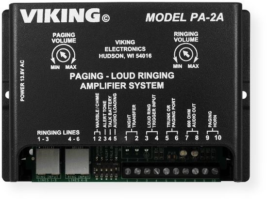 Viking Electronics PA2A Paging Loud Ringer Amplifier; Black; Two Watts of paging power; Includes (1) Viking 25AE paging horn; All lines are optically coupled for compatbility with fax switches and analog PABX/KSU stations; Can provide background music from an external source (trunk mode only); UPC 615687220483 (PA2A PA-2A PA2AAMPLIFIER PA2AAMPLIFIER PA2AVIKINGELECTRONICS PA2A-VIKINGELECTRONICS)