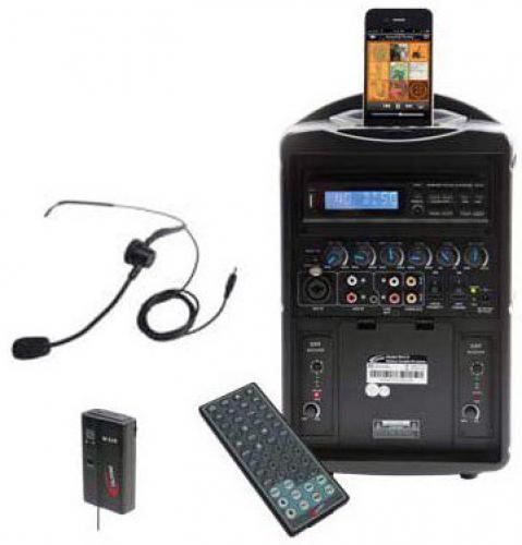 Califone PA419M iPhone/iPod Wireless PA w/ Wireless Transmitter And Headset Mic; Care-free portability with a built-in handle; NFC connection area; Digital display with USB/SD card slot for added connectability; Control panel with Music/Speech button, mic/aux/MP3/master volume controls, aux inputs & audio line out, video outs, voice priority switch; Combo XLR / 1/4