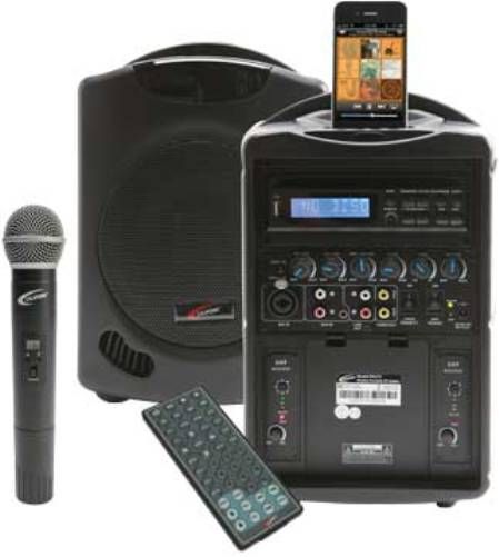 Califone PA419Q iPod Wireless Portable PA System with Q319 Wireless Microphone, Care-free portability with a built-in handle, iPhone and iPod docking station also charges while playing music, DVD/CD player including USB port for added connectability, Control panel with Music/Speech button, mic/aux/MP3/master volume controls, aux input & audio line out (PA419--Q PA419Q PA419 PA 419)