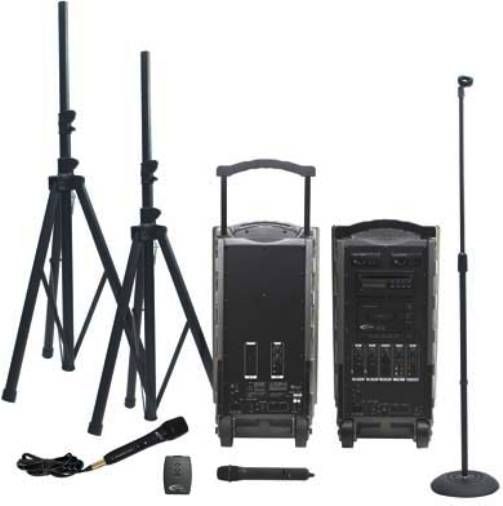 Califone PA919A Portable Audio Wireless PowerPro Package, Includes: (1) PA919, (1) PA919PS Wireless Companion Speaker, (1) Q319 Wireless Mic, (1) PADM-515 Wired Mic, (1) RC-300 Remote Control, (2) TP-50 Tripods, (1) K-201-1 Mic Floorstand and (1) K-415 Mic Holder, Up to 300 wireless transmission to its wireless companion speaker, 90 Watt RMS power amplifier, UPC 610356686133 (PA-919A PA 919A PA919-A PA919)