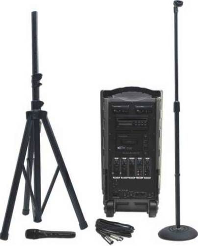 Califone PA919B Portable Audio Basic PowerPro Package, Includes: (1) PA919, (1) TP-50 Tripod, (1) PADM-515 Wired XLR Mic, (1) RC-300 Remote Control, (1) K-201-1 Mic Floorstand and (1) K-415 Mic holder, Up to 300 wireless transmission to its wireless companion speaker, 90 Watt RMS power amplifier, Two built-in 16-channel selectable UHF wireless mic receivers, UPC 610356830086 (PA-919B PA 919B PA919-B PA919)