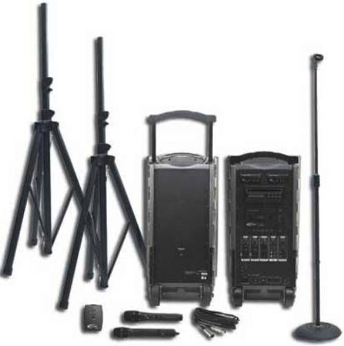 Califone PA919D Portable Audio Deluxe PowerPro Package, Includes: (1) PA919, (1) PA919SP Non-Powered Support Speaker, (1) Q319 Wireless Mic, (1) PADM-515 Wired XLR Mic, (1) RC-300 Remote Control, (2) TP-50 Tripods, (1) SC-50 speaker cable, (1) K-201-1 Mic Floorstand and (1) K-415 or K-414 Mic holder, Up to 300 wireless transmission to its wireless companion speaker, UPC 610356830079 (PA-919D PA 919D PA919-D PA919)