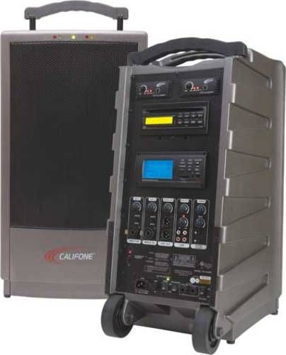 Califone PA919SD PowerPro SD Speaker Portable Audio System, 90 Watts RMS Amplifier, 4-position steel handle for easy mobility, Dual 16-channel UHF selectability for two wireless mics, Programmable CD player, Separate volume, bass, treble controls for quality sound, Aux in and line inputs to connect with other media players, UPC 610356684139 (PA-919SD PA 919SD PA919S PA919)