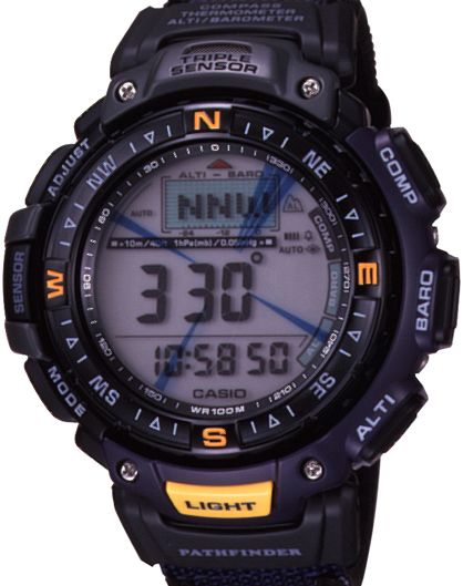 Casio PAG40B-2V Pathfinder Triple Sensor Watch, 1/100 second stop watch, 100 Meter water resistant, 12/24-Hour Formats; Abnormal magnetic field detect function, 18.00 inHg to 32.45 inHg Barometer Measuring range, Hourly time signal, Alarm chronograph, Target altitude alarm, 14 degrees F to 140 degrees F Thermometer Measuring range, Nylon band with buckle-type fastener (PAG40B2V PAG40B 2V)