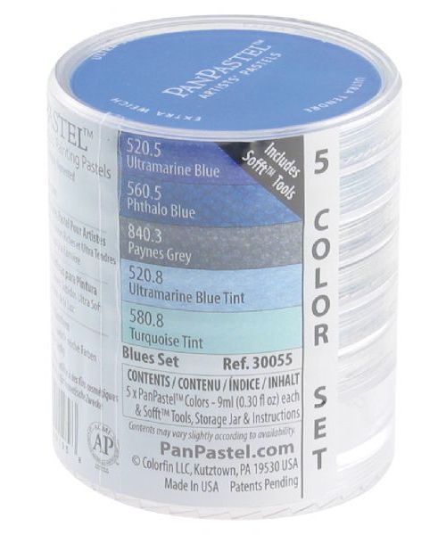 PanPastel PP30055 Ultra Soft Painting Pastels Blue, 5 Colors Set; Professional grade; Extremely fine lightfast pastel color in a cake form, which is applied to almost any surface; Dry colors are essentially dustless, go on smooth as if like fluid; Easily blended for an infinite range of colors and effects, and are erasable; Dimensions 2.44