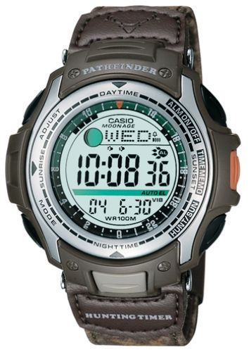 Casio PAS410B-5V Pathfinder Watch-Hunting Timer, Vibration Alarm, Moon Age/Phase data, Sunrise/Sunset data, Sunrise/Sunset data, 5 daily alarms, Hourly time signal, Auto-calendar, 12/24-hour formats, 1/100 second stopwatch, 100 Meter Water Resistant, Auto electro-luminescent backlight with afterglow (PAS410B5V PAS410B 5V PAS-410B PAS410B5 PAS410-B PAS 410B)