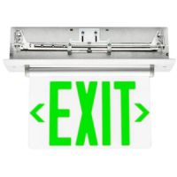 Patriot Lighting BGLE-EM-G-U Edge Lit Exit Sign, Ni-Cad Battery Backup, Green, Universal; Super-bright, long-life LEDs; Suitable for damp locations; Unique pivoting housing suitable for Ceiling, Wall, or End Mount applications; Recessed backbox kit with adjustable bar hangers included for optional recessed T-Bar or Joist mounting (PATRIOTBGLEEMGU PATRIOT BGLE-EM-G-U BATTERY GREEN UNIVERSAL) 